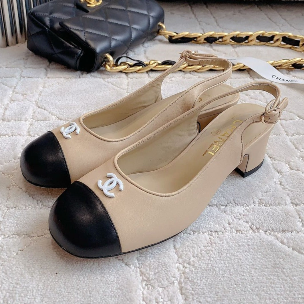 SLINGBACKS IN BEIGE CREAM MIX BLACK SHEEPSKIN