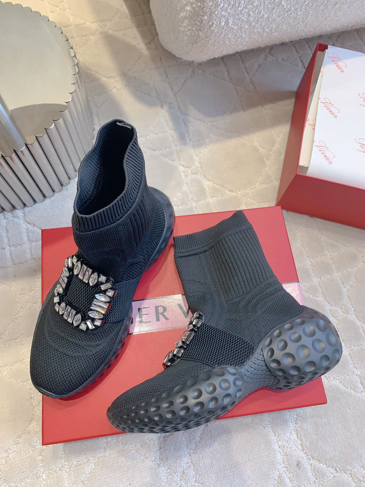 VIV' RUN LIGHT SOCKS ANKLE BOOTS IN BLACK FABRIC STRASS BUCKLE