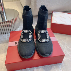 VIV' RUN LIGHT SOCKS ANKLE BOOTS IN BLACK FABRIC STRASS BUCKLE