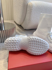 VIV' RUN LIGHT SOCKS ANKLE BOOTS IN WHITE FABRIC STRASS BUCKLE