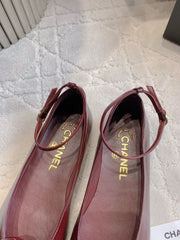 CHANEL 25S CAMELLIA SQUARE TOE FLATS IN ROSSO ANCORA CALFSKIN GOLD HARDWARE