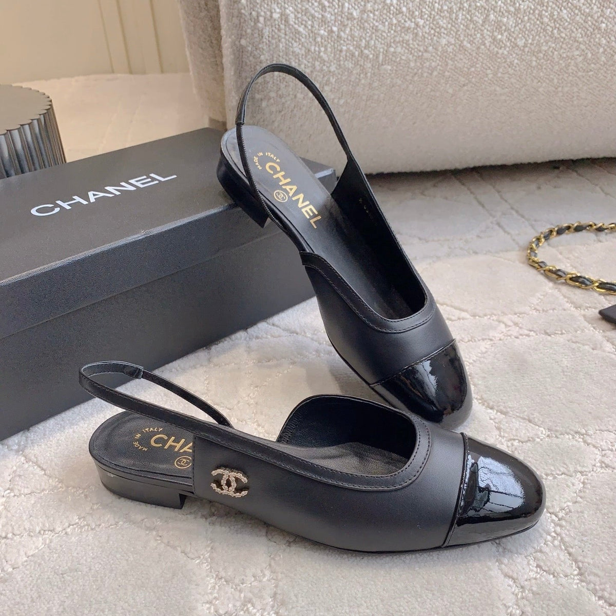 CHANEL 25S SLINGBACK IN BLACK FULL CALFSKIN GOLD HARDWARE