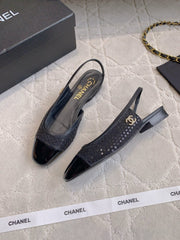 CHANEL 25S SLINGBACK IN SPARKLING BLACK CALFSKIN AND CANVAS GOLD HARDWARE