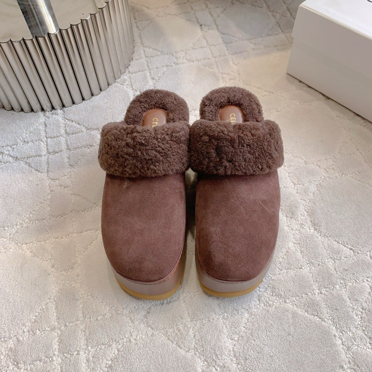 CELINE 25S DANA WEDGE MULE 70MM IN DARK BROWN SUEDE CALFSKIN AND SHEARLING