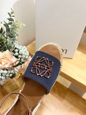 Loew Anagram Denim Brown Leather And Canvas Espadrille Sandals