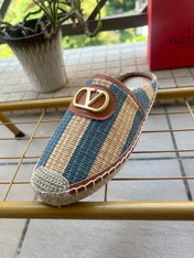VALENTINO 26S ESPADRILLE MULES IN BLUE AND BEIGE RAFFIA