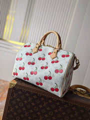 LV 25S SPEEDY SOFT 30 IN WHITE CANVAS MONOGRAM CHERRY PRINT GOLD HARDWARE