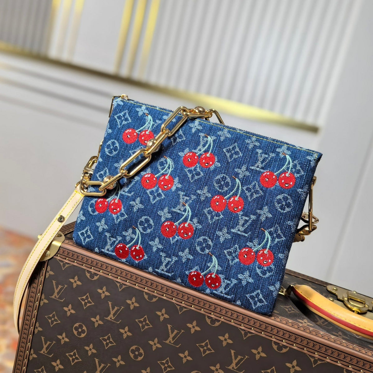 LV 25S COUSSIN BAG 26 IN DARK BLUE DENIM MONOGRAM CHERRY GOLD HARDWARE
