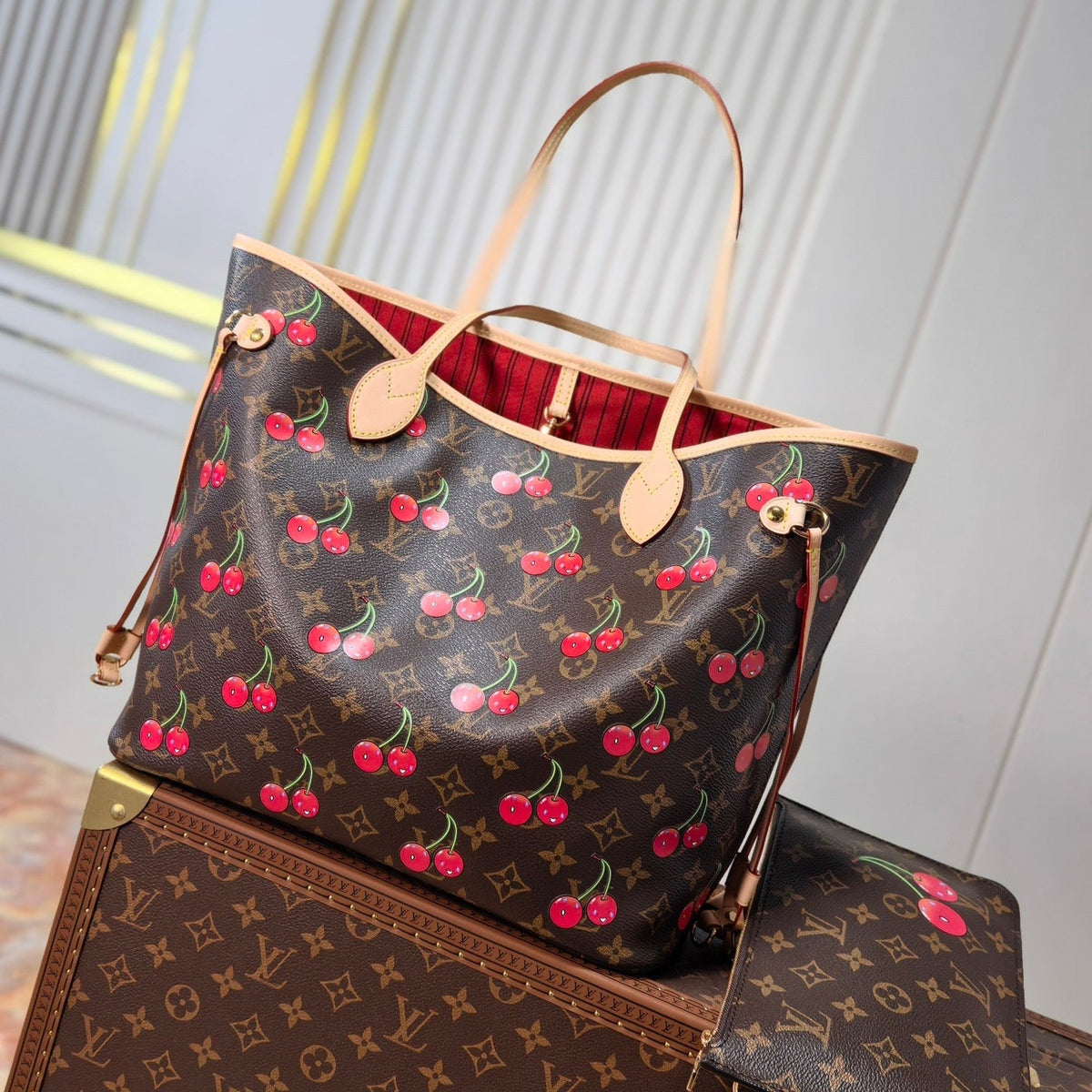 LV 25S NEVERFULL 31 IN DARK BROWN MONOGRAM CHERRY LEATHER TRIM GOLD HARDWARE