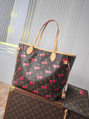 LV 25S NEVERFULL 31 IN DARK BROWN MONOGRAM CHERRY LEATHER TRIM GOLD HARDWARE