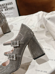 TRÈS VIVIER MARY JANE DOUBLE-STRAP PUMPS IN TAUPE CALFSKIN FULLY EMBELLISHED CRYSTALS