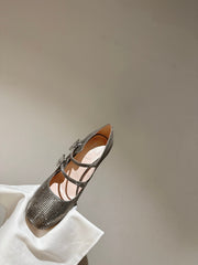 TRÈS VIVIER MARY JANE DOUBLE-STRAP PUMPS IN TAUPE CALFSKIN FULLY EMBELLISHED CRYSTALS