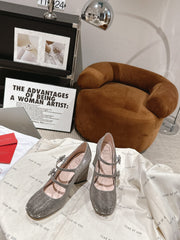 TRÈS VIVIER MARY JANE DOUBLE-STRAP PUMPS IN TAUPE CALFSKIN FULLY EMBELLISHED CRYSTALS