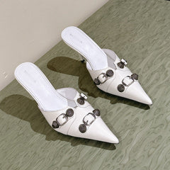 CAGOLE POINTED HIGH MULES IN WHITE SHINY CALFSKIN
