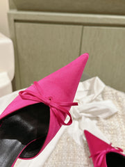POINTED HIGH MULES WITH BOW IN HOT PINK SILK