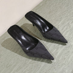 POINTED HIGH MULES IN BLACK MONOGRAM JACQUARD FABRIC