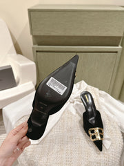 POINTED BB GOLD BUCKLE HIGH MULES IN BLACK VELVET