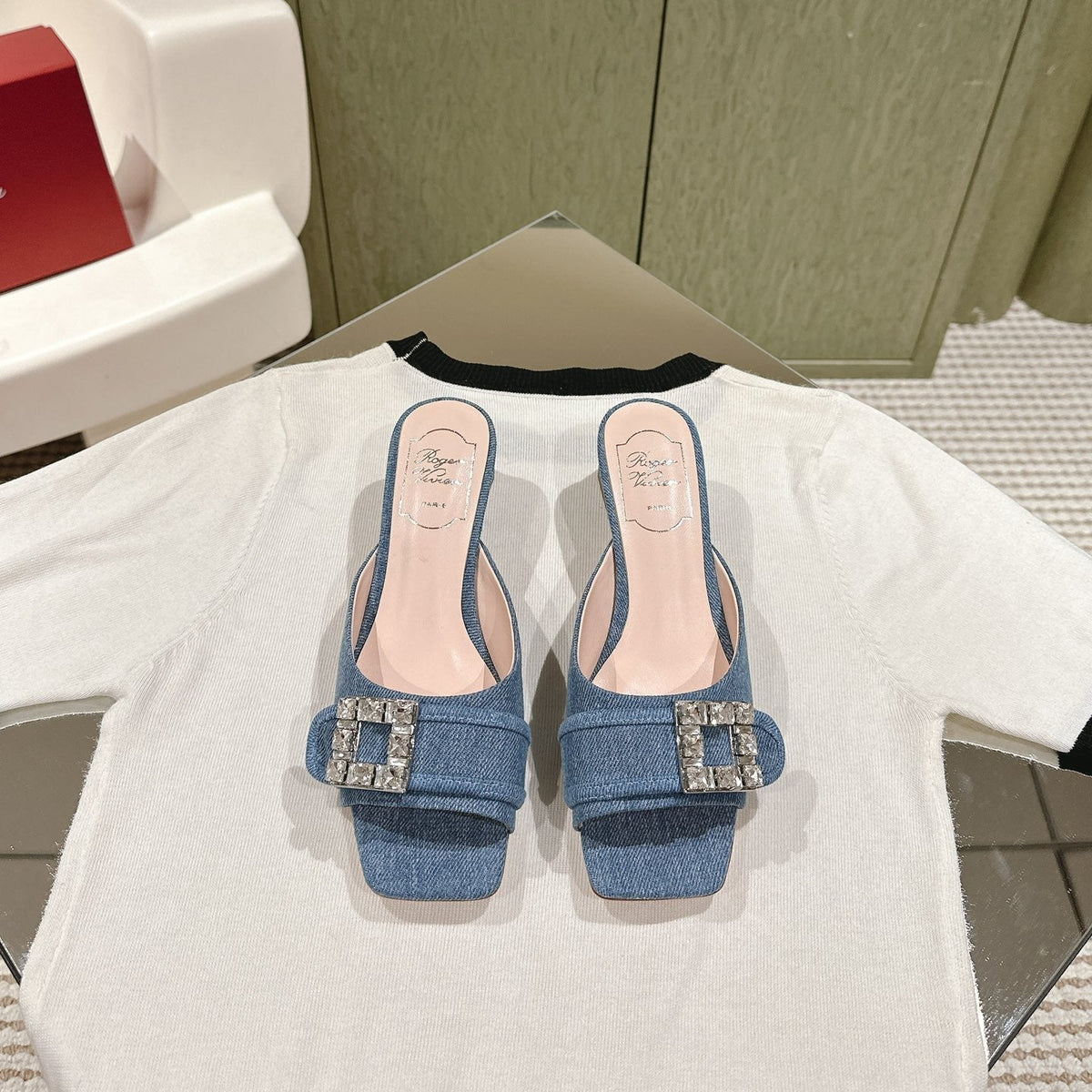 CRYSTAL HEEL MULE IN BLUE DENIM WITH EMBELLISHED BUCKLE