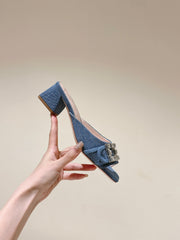 CRYSTAL HEEL MULE IN BLUE DENIM WITH EMBELLISHED BUCKLE