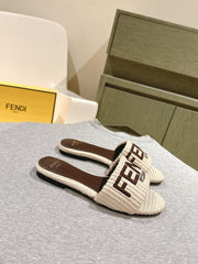FENDI SIGNATURE MULE SLIDES IN WHITE FIBRE WITH BROWN EMBROIDERED LOGO