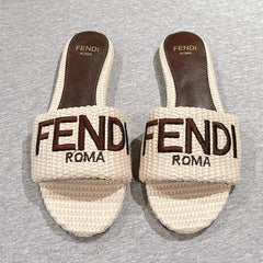 FENDI SIGNATURE MULE SLIDES IN WHITE FIBRE WITH BROWN EMBROIDERED LOGO