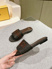 FENDI SIGNATURE MULE SLIDES IN DARK BROWN FIBRE