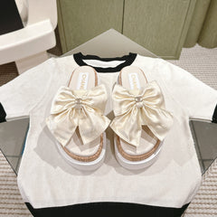 CC SLIPPERS WITH SILK BOW IN WHITE COWHIDE