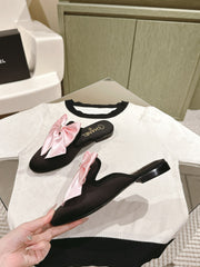 CC MULE WITH SILK LIGHT PINK BOW AND BLACK LAMBSKIN