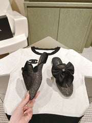 CC JEWELED MULE WITH SILK BOW AND BLACK LAMBSKIN