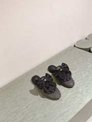CC JEWELED MULE WITH SILK BOW AND BLACK LAMBSKIN