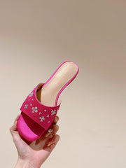 LV WOMEN FLAT MULE IN DEEP PINK SATIN WITH RHINESTONE