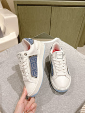 BALMAIN 26S SNEAKERS IN WHITE CALFSKIN AND BLUE CANVAS WITH BLUE SOLE