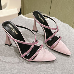 HIGH HEEL MULE 10 CM IN BABY PINK SATIN WITH RHINESTONES