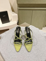 HIGH HEEL MULE 10 CM IN OLIVE GREEN SATIN WITH RHINESTONES