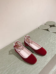 BALLERINAS MARY JANE IN BURGUNDY RED SUEDE WITH PEARL TRIM