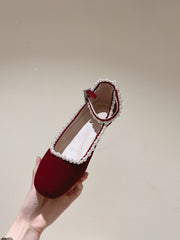 BALLERINAS MARY JANE IN BURGUNDY RED SUEDE WITH PEARL TRIM