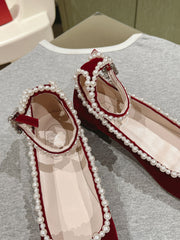 BALLERINAS MARY JANE IN BURGUNDY RED SUEDE WITH PEARL TRIM