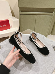 BALLERINAS MARY JANE IN BLACK SUEDE WITH PEARL TRIM