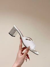 JEWELLED HEEL 55 MULE SANDALS IN WHITE CALFSKIN