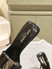 YSL 25S SQUARE-TOE HIGH-HEEL SANDALS 100 MM IN BLACK GLOSSY LAMBSKIN WITH GOLD HARDWARE