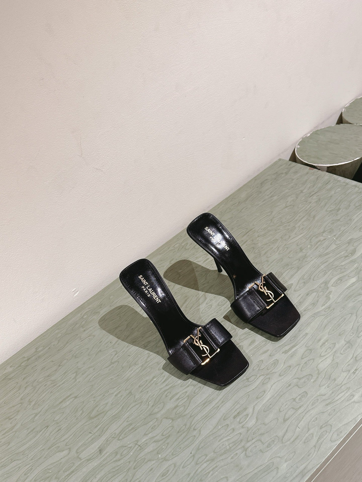 YSL 25S SQUARE-TOE HIGH-HEEL SANDALS 100 MM IN BLACK LAMBSKIN WITH GOLD HARDWARE