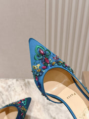 COLORFUL EMBROIDERED IRIZA PUMPS 105MM IN AQUA BLUE SATIN