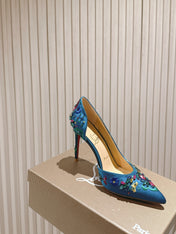 COLORFUL EMBROIDERED IRIZA PUMPS 105MM IN AQUA BLUE SATIN