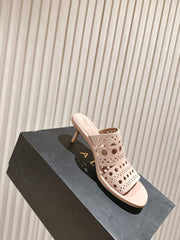 ALAIA HIGH HEEL CHUNKY TWO-STRAP 25S IN PINK BEIGE SUEDE