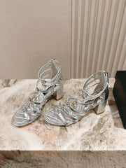 CC HIGH SANDAL 25S IN SILVER LAMBSKIN PEARL FLOWERS