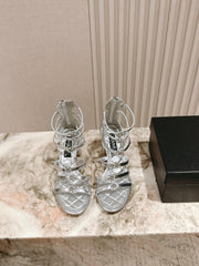 CC HIGH SANDAL 25S IN SILVER LAMBSKIN PEARL FLOWERS