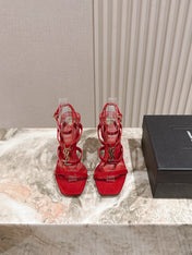 YSL 25S STILETTO HIGH-HEEL SANDALS 100 MM IN RED LAMBSKIN WITH GOLD HARDWARE