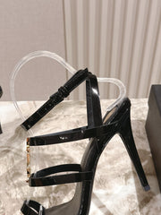 YSL 25S STILETTO HIGH-HEEL SANDALS 100 MM IN BLACK LAMBSKIN WITH GOLD HARDWARE