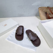 THE ROW 26S STRAP SLIDES IN CHOCOLATE BROWN CALFSKIN