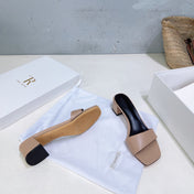 THE ROW 26S SQUARE TOE SLIDE SANDALS 45MM IN NUDE BEIGE CALFSKIN